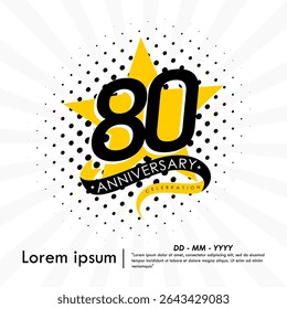 80th years anniversary celebration emblem. congratulations anniversary logo isolated with ribbon and star on white background. vector illustration template design for web, flyers, poster, greeting ca