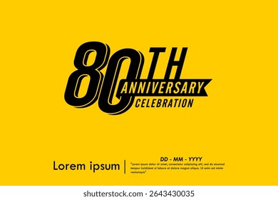 80th years anniversary celebration emblem. black logo isolated with ribbon on yellow background. vector illustration template design for web, flyers, poster, greeting card and invitation card