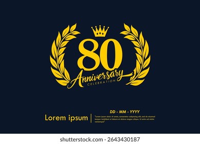 80th years anniversary celebration emblem. yellow anniversary logo isolated with laurel wreath and crown on dark background. vector illustration template design for web, flyers, poster, greeting card