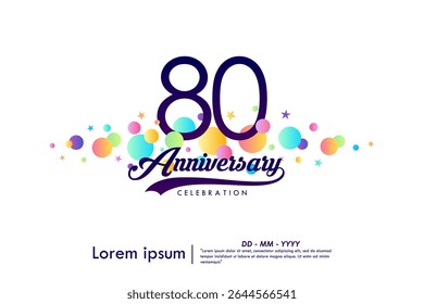 80th years anniversary celebration emblem. elegant anniversary logo isolated with ribbon and colorful circles and stars on white background. vector illustration template design for web banner