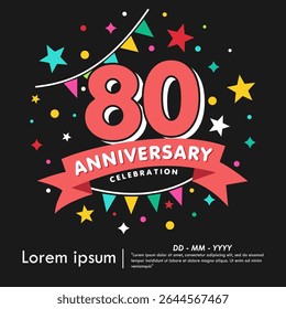 emblème de la célébration du 80e anniversaire. logo d'anniversaire isolé avec des étoiles colorées et un drapeau et un ruban de bruant. template d'illustration vectorielle design pour web, flyers, poster, carte d'invitation