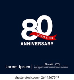 80th years anniversary celebration emblem. elegant anniversary logo isolated with red ribbon on dark blue background. vector illustration template design for web, flyers, poster, invitation card