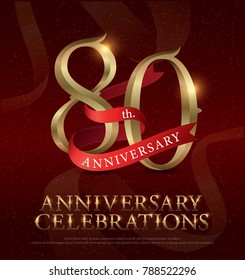80th years anniversary celebration golden logo with red ribbon on red background. vector illustrator