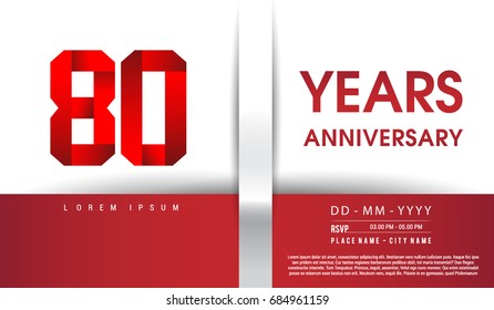 80th Years Anniversary celebration logo, flat design isolated on red and white background, vector elements for banner, invitation card and birthday party.