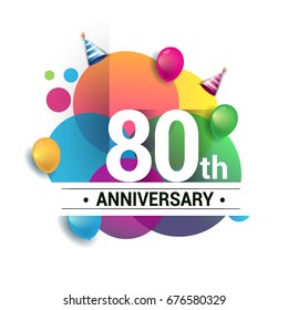 80th years anniversary logo, vector design birthday celebration with colorful geometric, Circles and balloons isolated on white background.