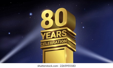 80th Years Celebration, 3D Gold Statue with Spotlights, Luxury Hollywood Light, Vector Illustration