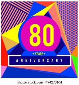 80th years greeting card anniversary with colorful number and frame. logo and icon with Memphis style cover and design template. Pop art style design poster and publication.