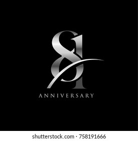 81 anniversary elegance silver chrome logo. linked number with swoosh on black background