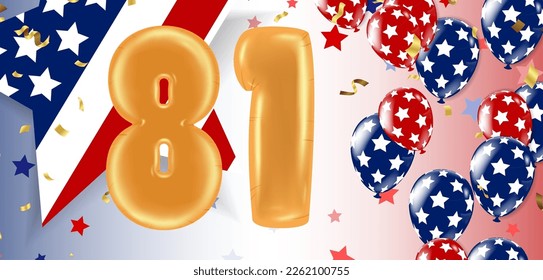 81 birthday Happy birthday, congratulations poster. Balloons numbers with sparkling confetti ribbon, glitter bright