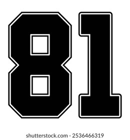 81 Classic Vintage Sport Jersey  Uniform numbers in black with a black outside contour line number on white background for American football, Baseball and Basketball or soccer