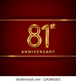 81 / Eighty One Years Anniversary Logo with Shiny Golden Number on Red Background Isolated. 81st Celebration Event. Can Use for Poster, Invitation and Greeting Card. Easily Editable Vector.