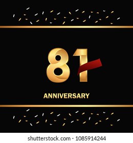 81 gold anniversary celebration design with red ribbon and glitter element, isolated on black background