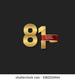 81 Gold anniversary celebration with red ribbon isolated on black background
