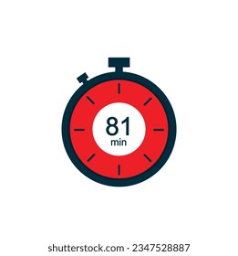 81 minutes, 81 min stopwatch vector icon. Stopwatch icon in flat style on a white background. Vector.