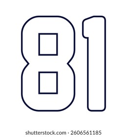 81 number classic american, college style font. Uniform letter in black with a black outside contour line. Vintage sport font.For jersey, t-shirt, basketball, baseball, football. Isolated vector