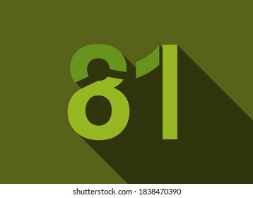 81 Number with long shadow, green colors cutting style. For logo, brand label, design elements, corporate identity, application & more. Vector editable illustration.