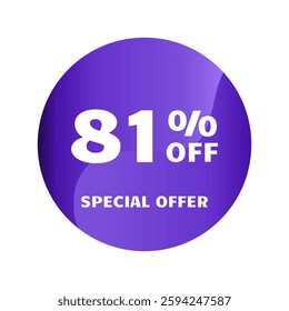 81% off. Eighty one percent off, Special Offer. Discount sale banner design template. Discount tag. Vector illustration. Purple Design.