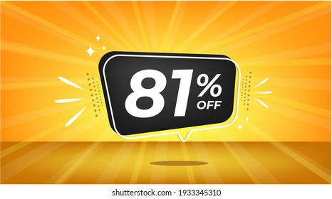 81% de descuento. Banner amarillo con 81 por ciento de descuento en un globo negro para megaventas.