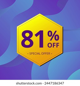 81% Sale and Discount Label. Eighty one percent Sale Discount label Geometric design. Abstract Blue and Yellow Hexagon. Vector illustration.