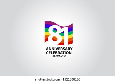 81 year anniversary celebration logotype with white number Emboss Style isolated on LGBT Colorful Flag on white grey background for invitation card, banner or flyer - vector