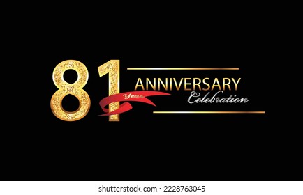 81 Year Anniversary celebration Vector Design. 81st Anniversary celebration. Gold Luxury Banner of 81st Anniversary celebration with red ribbon and glitter. Background celebration. Vector anniversary