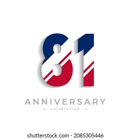 81 Year Anniversary Celebration with White Slash in Red and Blue American Flag Color. Happy Anniversary Greeting Celebrates Event Isolated on White Background