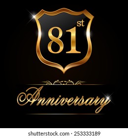 81 year anniversary golden label, 81st anniversary decorative golden emblem - vector illustration 