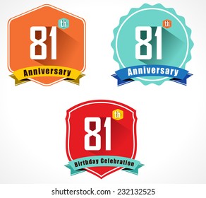 81 year birthday celebration flat color vintage label badge, 81st anniversary decorative emblem - vector illustration eps10