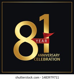 81 year minimalist logo years, jubilee, greeting card. Red and Gold Ribbons on Black Background with Golden Frame for Birthday invitation - Vector 
