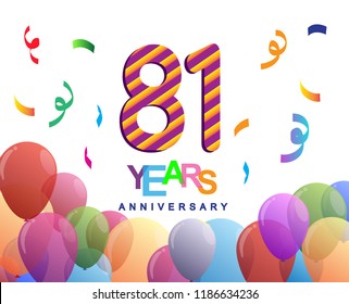 81 years anniversary celebration with colorful balloons and confetti, colorful design for greeting card birthday celebration