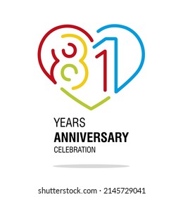 81 Years Anniversary Celebration Decoration Colorful Number Bounded By A Loving Heart Modern Love Line Design Logo Icon White Background