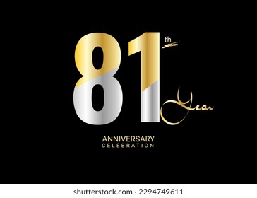 81 Years Anniversary Celebration gold and silver Vector Template, 81 number logo design, 81th Birthday Logo,  logotype Anniversary, Vector Anniversary For Celebration, poster, Invitation Card
