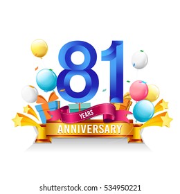 81 Years Anniversary celebration logo, birthday vector illustration, with gift box and balloons, colorful polygonal design.