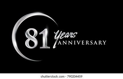 81 years anniversary celebration. Anniversary logo with silver ring elegant design isolated on black background, vector design for celebration, invitation card, and greeting card