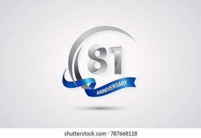 81 Years Anniversary Celebration Logotype. Silver Elegant Vector Illustration  with Swoosh,  Isolated on white Background can be use for Celebration, Invitation, and Greeting card