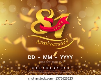 81 years anniversary logo template on gold background. 81st celebrating golden numbers with red ribbon vector and confetti isolated design elements