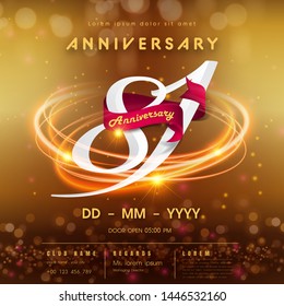 81 years anniversary logo template on golden Abstract futuristic space background. 81st modern technology design celebrating numbers with Hi-tech network digital technology concept design elements.
