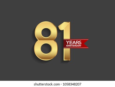 81 years anniversary simple design with golden color and red ribbon isolated on black background for celebration event