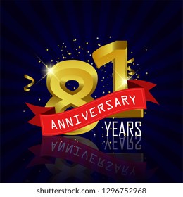 81 years anniversary Vector Template Design with golden color and silver ribbon isolated on blue sunburst background illustration for celebration event - Vector