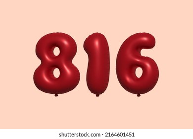816 3d number balloon made of realistic metallic air balloon 3d rendering. 3D Red helium balloons for sale decoration Party Birthday, Celebrate anniversary, Wedding Holiday. Vector illustration