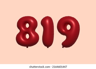 819 3d number balloon made of realistic metallic air balloon 3d rendering. 3D Red helium balloons for sale decoration Party Birthday, Celebrate anniversary, Wedding Holiday. Vector illustration