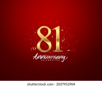 81st anniversary background with 3D number illustration golden numbers and Anniversary Celebration text with golden confetti on red background.