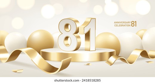 81st Anniversary celebration background. Golden 3D numbers on round podium with golden ribbons and balloons with bokeh lights in background.