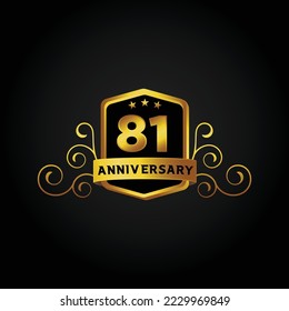 81. Jubiläumsfeier Hintergrund. Vektorgrafik, Schönes Grußbanner Poster und goldenes Logo mit goldenem Text und goldener Nummer.