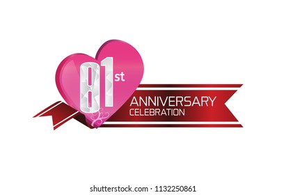 81st anniversary celebration with elegance pink heart shape and red ribbon isolated on white background for special celebration event