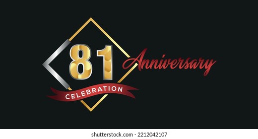 81st anniversary logo with golden and silver box, confetti and red ribbon isolated on elegant black background, vector design for greeting card and invitation card
