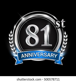 81st anniversary logo with silver ring combination blue ribbon and laurel wreath. Vector template for birthday celebration, party, wedding, invitation and greeting card