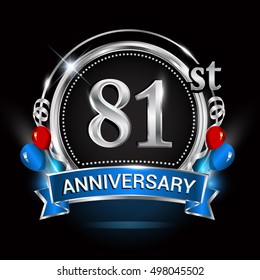 81st anniversary logo with silver ring,balloons and blue ribbon. Vector design template elements for your birthday celebration.