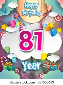 81st Birthday Celebration greeting card Design, with clouds and balloons. Vector elements for the celebration party of eighty one years anniversary