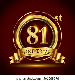 81st golden anniversary logo, eighty one years birthday celebration with gold ring and golden ribbon.